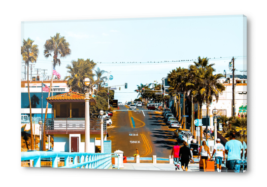 road to the pier with palm tree at Manhattan Beach, California, USA Acrylic prints by Timmy333