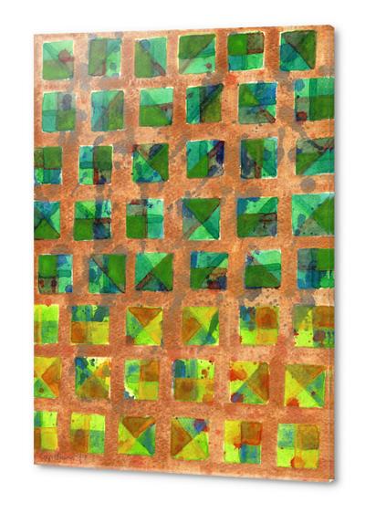 Green Squares on Golden Background Pattern  Acrylic prints by Heidi Capitaine