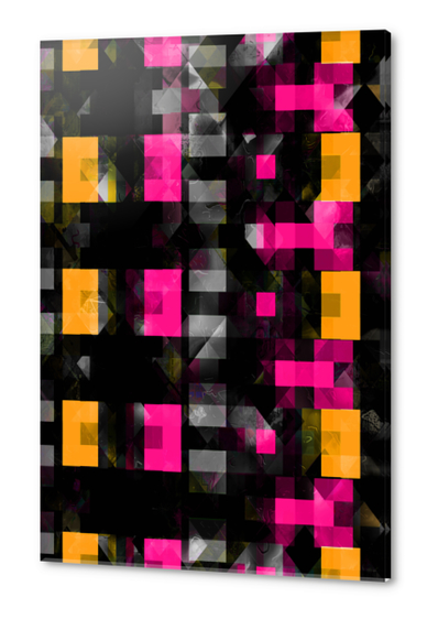 geometric symmetry art  pixel square pattern abstract background in pink orange black Acrylic prints by Timmy333