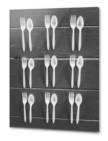 forks and spoons with wood background in black and white Acrylic prints by Timmy333