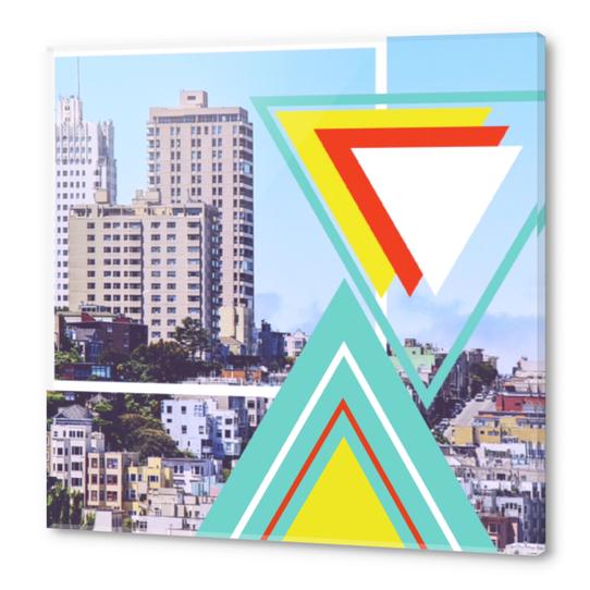 buildings in the city with colorful triangle shape and blue sky Acrylic prints by Timmy333