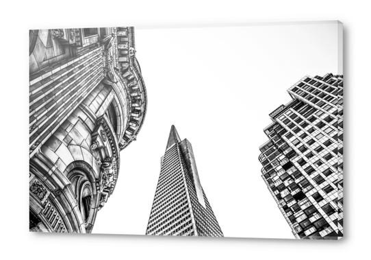 pyramid building and modern building and vintage style building at San Francisco, USA in black and white Acrylic prints by Timmy333