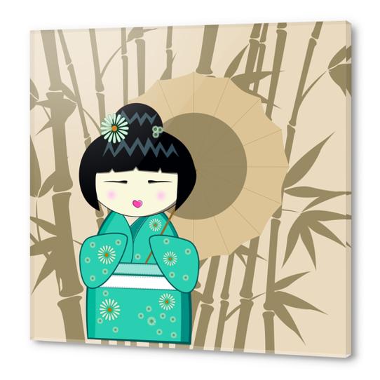 Brown umbrella kokeshi Acrylic prints by PIEL Design