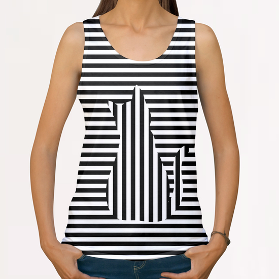 Cute Cat silhouette on Stripes 2 All Over Print Tanks by Divotomezove