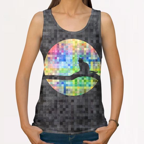 Cat In A Digital Moon   II All Over Print Tanks by Vic Storia