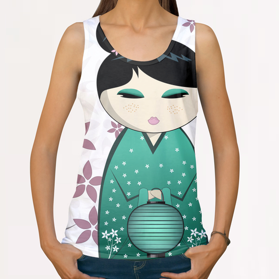Pink flower kokeshi All Over Print Tanks by PIEL Design