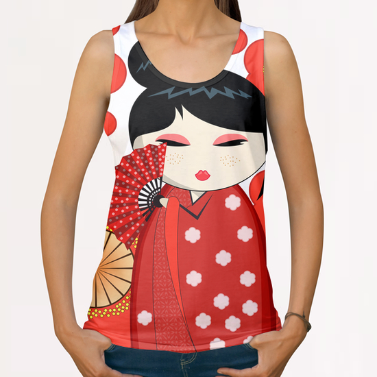 Red flower kokeshi All Over Print Tanks by PIEL Design