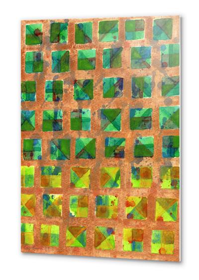 Green Squares on Golden Background Pattern  Metal prints by Heidi Capitaine