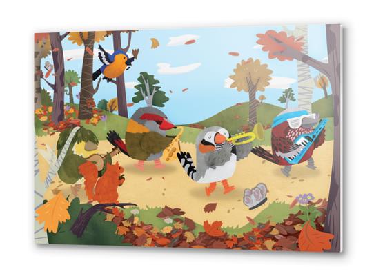 Bird Band Marching Through The Woods Metal prints by Claire Jayne Stamper