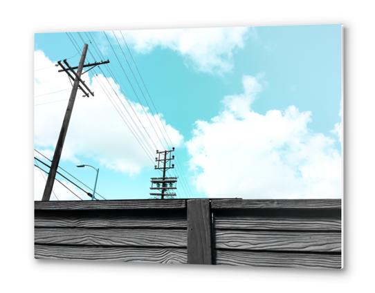 electric pole with wooden wall and blue cloudy sky in the city Metal prints by Timmy333