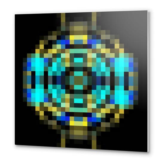 geometric square pixel abstract in blue and yellow with black background Metal prints by Timmy333