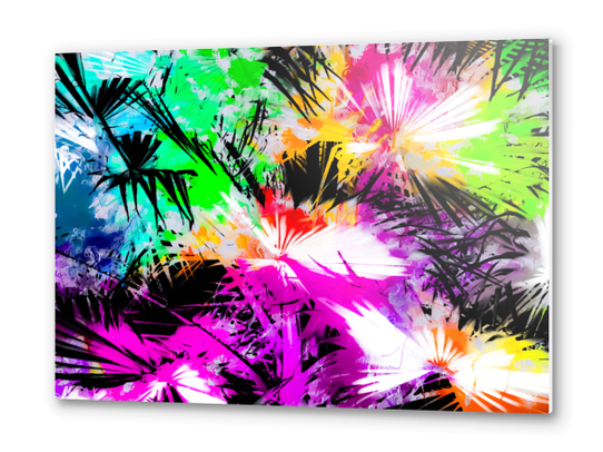 palm leaf with colorful painting abstract background in pink purple green blue yellow Metal prints by Timmy333