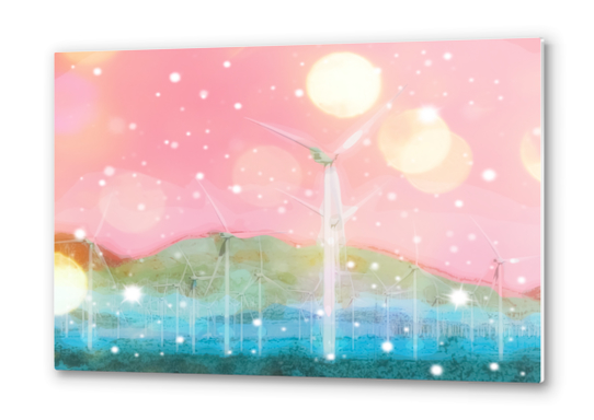 wind turbine in the desert with snow and bokeh light background Metal prints by Timmy333
