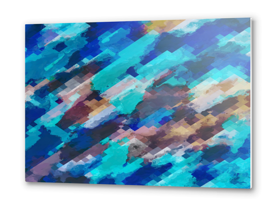 camouflage geometric pixel square pattern abstract in blue and brown Metal prints by Timmy333