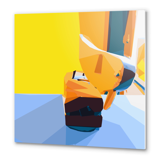 drawing and painting wooden bird with yellow background and blue table Metal prints by Timmy333