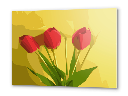 red flowers with green leaves and yellow background Metal prints by Timmy333