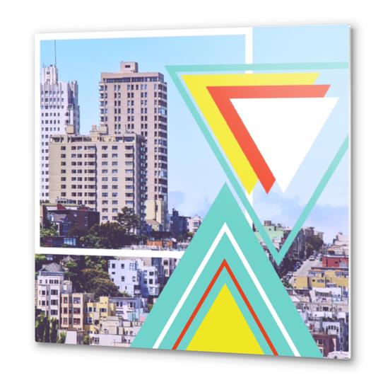buildings in the city with colorful triangle shape and blue sky Metal prints by Timmy333