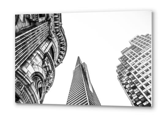 pyramid building and modern building and vintage style building at San Francisco, USA in black and white Metal prints by Timmy333