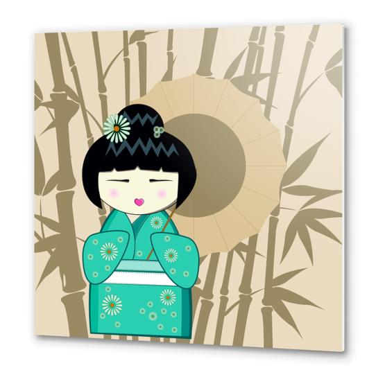 Brown umbrella kokeshi Metal prints by PIEL Design