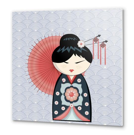 Red umbrella kokeshi Metal prints by PIEL Design