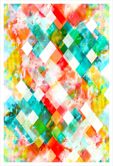 geometric pixel square pattern abstract in green orange blue Art Print by Timmy333