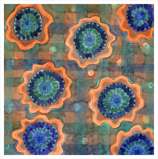 Glowing Fancy Flowers on Checks  Art Print by Heidi Capitaine