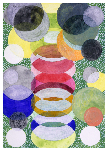 Overlapping Ovals and Circles on Green Dotted Ground Art Print by Heidi Capitaine