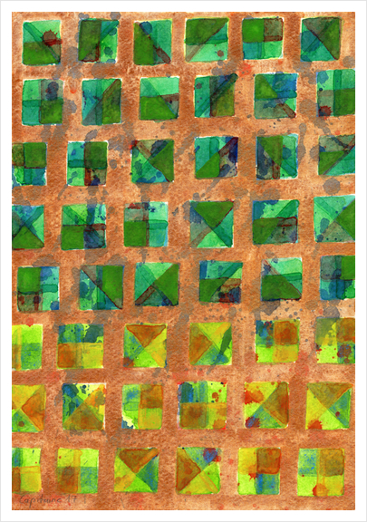 Green Squares on Golden Background Pattern  Art Print by Heidi Capitaine