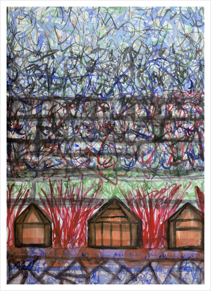 Three Cabins under Red Bushes Art Print by Heidi Capitaine