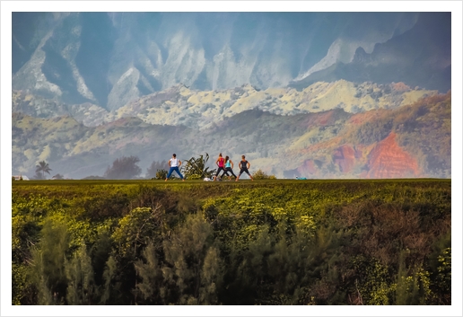 A group of people exercise on the mountain with beautiful view at Kauai, Hawaii Art Print by Timmy333