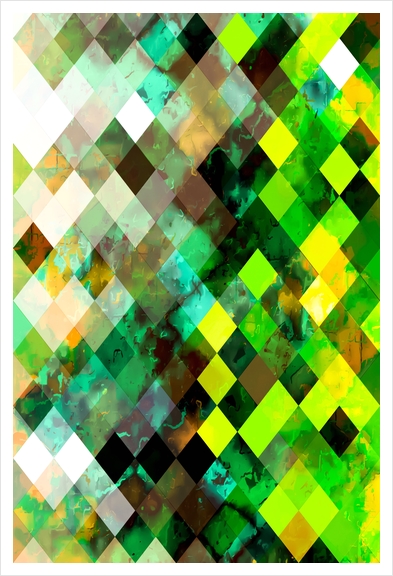 geometric square pixel pattern abstract background in green yellow brown Art Print by Timmy333