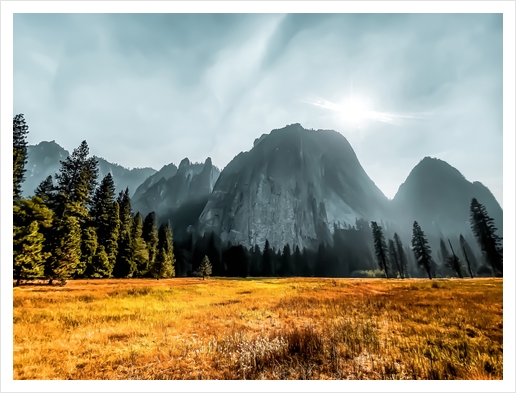 Mountains scenic with blue cloudy sky at Yosemite national park, California, USA Art Print by Timmy333