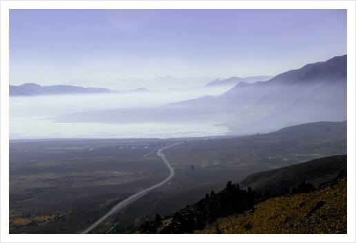 road with foggy sky and mountains scenic in California Art Print by Timmy333