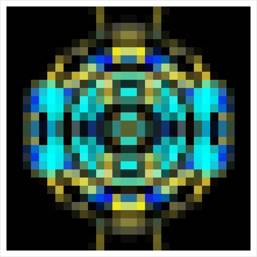 geometric square pixel abstract in blue and yellow with black background Art Print by Timmy333
