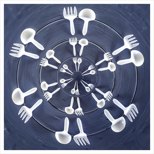 forks and spoons on the wooden table in circle pattern Art Print by Timmy333