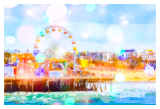 Santa Monica pier, California, USA with colorful bokeh abstract Art Print by Timmy333