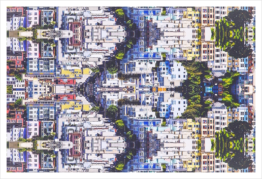 buildings in the city with green trees abstract background Art Print by Timmy333
