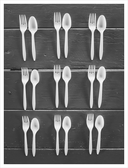 forks and spoons with wood background in black and white Art Print by Timmy333