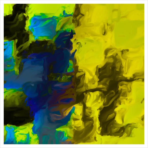 psychedelic splash painting abstract in yellow blue and black Art Print by Timmy333