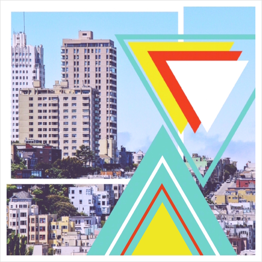 buildings in the city with colorful triangle shape and blue sky Art Print by Timmy333