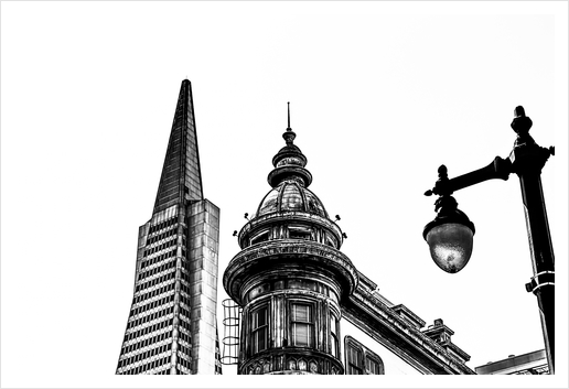 pyramid building and vintage style building at San Francisco, USA in black and white Art Print by Timmy333