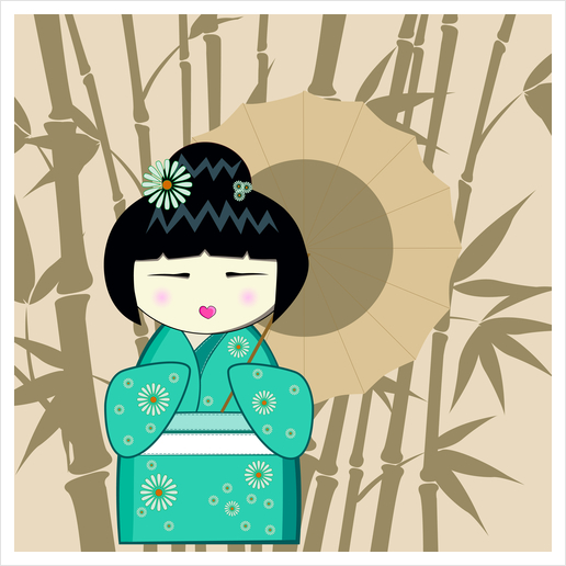 Brown umbrella kokeshi Art Print by PIEL Design
