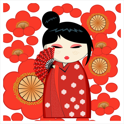 Red flower kokeshi Art Print by PIEL Design
