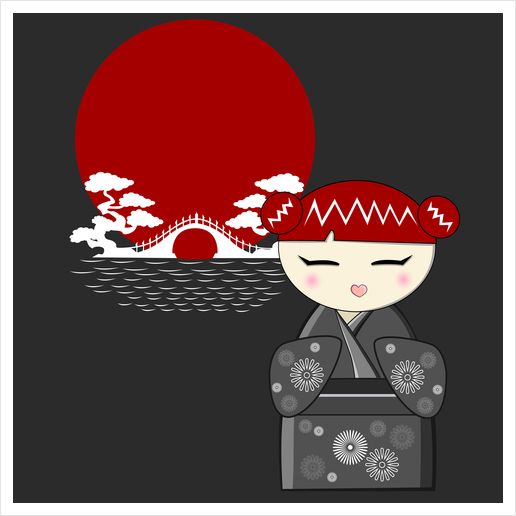 Red and grey kokeshi Art Print by PIEL Design