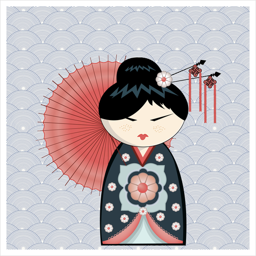 Red umbrella kokeshi Art Print by PIEL Design