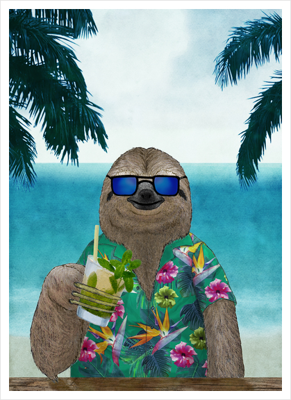 Sloth on summer drinking a mojito Art Print by Barruf