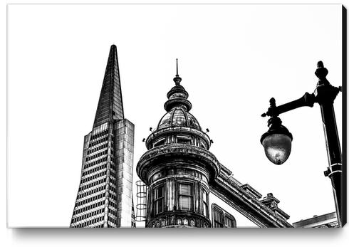 pyramid building and vintage style building at San Francisco, USA in black and white Canvas Print by Timmy333