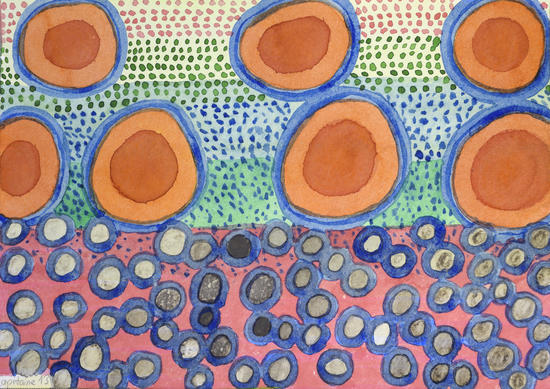 Seven Red Circles Many Brown Dots  by Heidi Capitaine