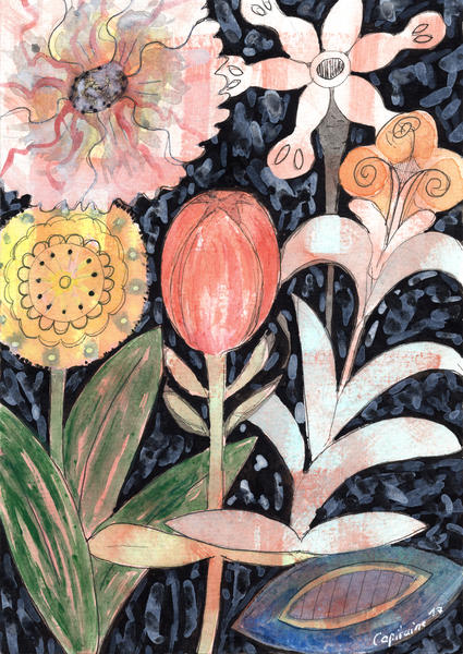 Mixed Flowers with Tulip on Black  by Heidi Capitaine