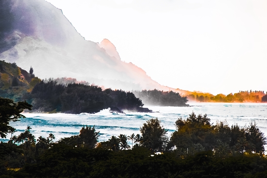 mountains scenic with blue wave at Kauai, Hawaii, USA by Timmy333